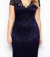 photo Floral Lace Crochet Deep V-Neck Scalloped Bodycon Dress by OASAP, color Navy - Image 1