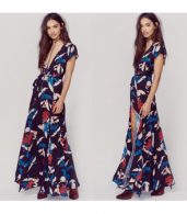 photo Floral Print Deep V-Neck High Slit Dress by OASAP, color Multi - Image 6