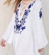 photo Floral Print Lace-up Front Flare Sleeve Dress by OASAP - Image 2