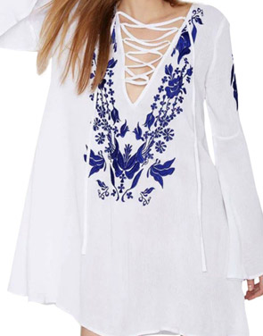 photo Floral Print Lace-up Front Flare Sleeve Dress by OASAP - Image 1