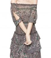 photo Floral Print Slash Neck Elastic Waist Flounce Hem Chiffon Dress by OASAP, color Multi - Image 1