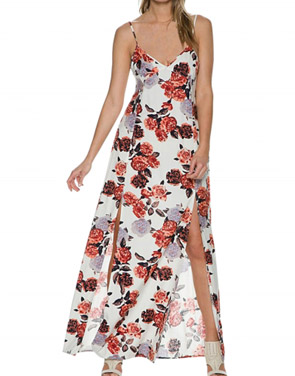 photo Floral Print Spaghetti Strap Lace Panel High Slit Maxi Dress by OASAP, color Multi - Image 1