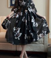 photo Floral Print Three Quarter Sleeve Wrap Dress by OASAP, color Black - Image 5