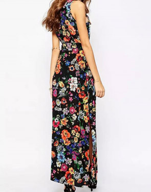 photo Floral Print V-Neck Tie Waist Button Down Maxi Dress by OASAP, color Multi - Image 2