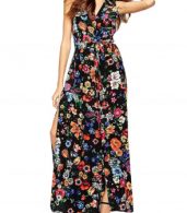photo Floral Print V-Neck Tie Waist Button Down Maxi Dress by OASAP, color Multi - Image 1