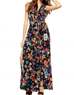 photo Floral Print V-Neck Tie Waist Button Down Maxi Dress by OASAP, color Multi - Image 1