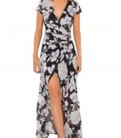 photo Floral Print V-Neck Wrap Tie Waist Front Slit Maxi Dress by OASAP, color Multi - Image 1