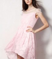 photo Flowy Cap Sleeve Pleated High Low Knee-Length Dress by OASAP, color Pink - Image 3
