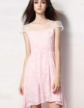 photo Flowy Cap Sleeve Pleated High Low Knee-Length Dress by OASAP, color Pink - Image 1