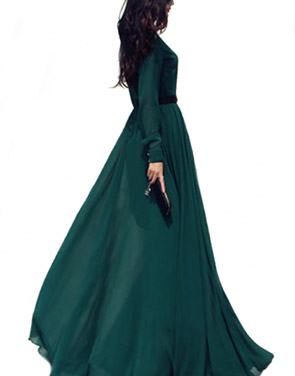 photo Glamorous Dark Green Long-Sleeve Maxi Chiffon Dress by OASAP, color Dark Green - Image 2