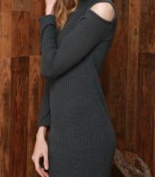 photo Grey Open-Shoulder Ribbed Knit Sweater Dress by OASAP, color Grey - Image 2