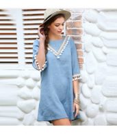 photo Half Sleeve Fringed Denim Shift Dress by OASAP, color Light Blue - Image 5