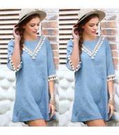photo Half Sleeve Fringed Denim Shift Dress by OASAP, color Light Blue - Image 6