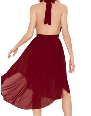 photo Halter Deep V-Neck Backless Chiffon Party Cocktail Dress by OASAP, color Burgundy - Image 2