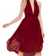 photo Halter Deep V-Neck Backless Chiffon Party Cocktail Dress by OASAP, color Burgundy - Image 1