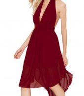photo Halter Deep V-Neck Backless Chiffon Party Cocktail Dress by OASAP, color Burgundy - Image 3