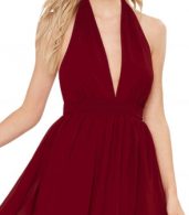 photo Halter Deep V-Neck Backless Chiffon Party Cocktail Dress by OASAP, color Burgundy - Image 4