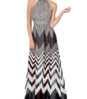 photo Halter Elastic Waist Stripe and Zigzag Print Maxi Dress by OASAP, color Multi - Image 1