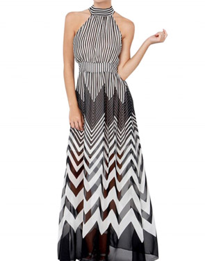 photo Halter Elastic Waist Stripe and Zigzag Print Maxi Dress by OASAP, color Multi - Image 1