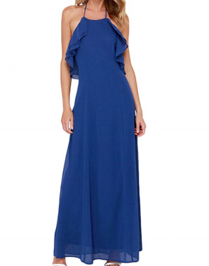 photo Halter Sleeveless Open Back Ruffle Front Maxi Cocktail Dress by OASAP - Image 1