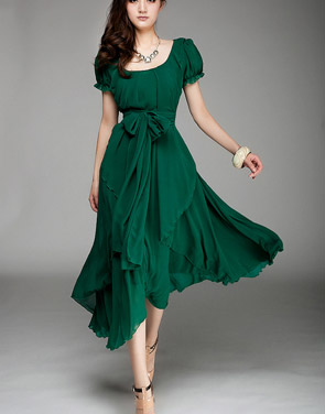 photo Irregular Hemline Bound Waist Short Sleeve Dress by OASAP - Image 1