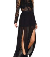photo Lace Chiffon Long Sleeve Backless High Slit Maxi Dress by OASAP, color Black - Image 1