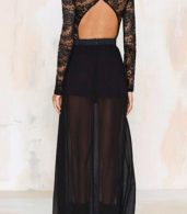 photo Lace Chiffon Long Sleeve Backless High Slit Maxi Dress by OASAP, color Black - Image 3