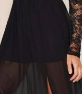 photo Lace Chiffon Long Sleeve Backless High Slit Maxi Dress by OASAP, color Black - Image 5