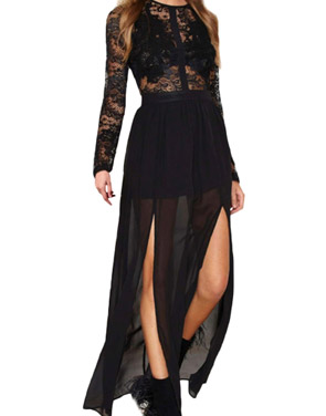 photo Lace Chiffon Long Sleeve Backless High Slit Maxi Dress by OASAP, color Black - Image 1