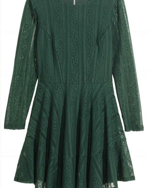 photo Lace Crochet Long Sleeve Round Neck Trapeze Dress by OASAP, color Hunter Green - Image 2