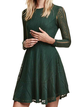 photo Lace Crochet Long Sleeve Round Neck Trapeze Dress by OASAP, color Hunter Green - Image 1