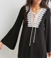 photo Lace Paneled Lace-up Front Flare Sleeve Chiffon Dress by OASAP, color Black - Image 1