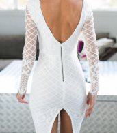photo Lace Paneled V-Back Slit Dress by OASAP, color White - Image 2