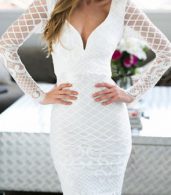 photo Lace Paneled V-Back Slit Dress by OASAP, color White - Image 4