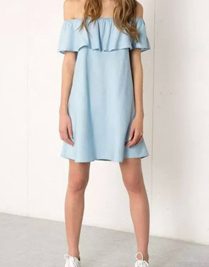 photo Light Blue Off-Shoulder Denim Dress by OASAP, color Light Blue - Image 1