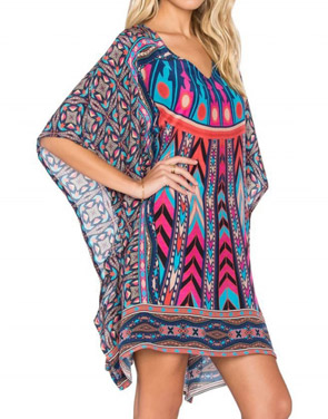 photo National Wind Print Asymmetric Batwing Sleeve Dress by OASAP, color Multi - Image 2