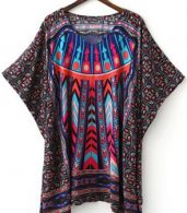 photo National Wind Print Asymmetric Batwing Sleeve Dress by OASAP, color Multi - Image 4