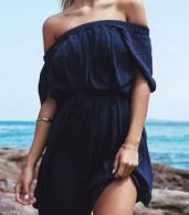 photo Navy Pleated Off-the-Shoulder Dress by OASAP, color Navy - Image 1