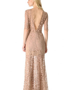 photo Nude Pink High Slit V-Back Lace over Maxi Dress by OASAP, color Nude - Image 2