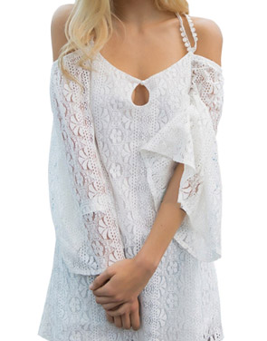 photo Off Shoulder Crochet Swimwear Bikini Cover Up Beach Dress by OASAP, color White - Image 1