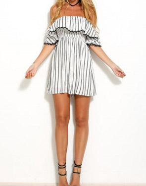 photo Off-Shoulder Ruffle Front Elastic Waist Vertical Stripe Dress by OASAP, color Black White - Image 2