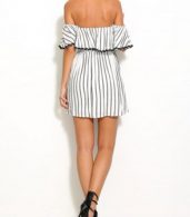photo Off-Shoulder Ruffle Front Elastic Waist Vertical Stripe Dress by OASAP, color Black White - Image 5