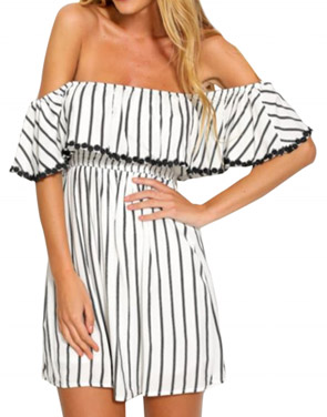 photo Off-Shoulder Ruffle Front Elastic Waist Vertical Stripe Dress by OASAP, color Black White - Image 1