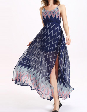 photo Open Back Zigzag Print M Slit Boho Dress by OASAP, color Multi - Image 2