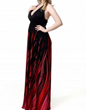 photo Oversized Color Block Print Deep V-Neck Maxi Dress by OASAP, color Multi - Image 2