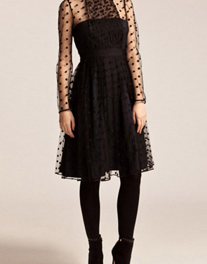 photo Polka Dot Mesh Panel Long Sleeve High Waist Pleated Dress by OASAP, color Black - Image 2
