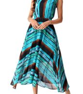 photo Round Neck Drawstring Waist Color Block Boho Dress by OASAP, color Multi - Image 1