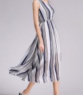 photo Round Neck Elastic Waist Vertical Stripe Boho Dress by OASAP, color Blue - Image 2