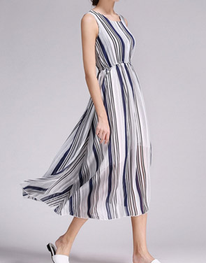 photo Round Neck Elastic Waist Vertical Stripe Boho Dress by OASAP, color Blue - Image 2