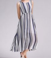 photo Round Neck Elastic Waist Vertical Stripe Boho Dress by OASAP, color Blue - Image 4